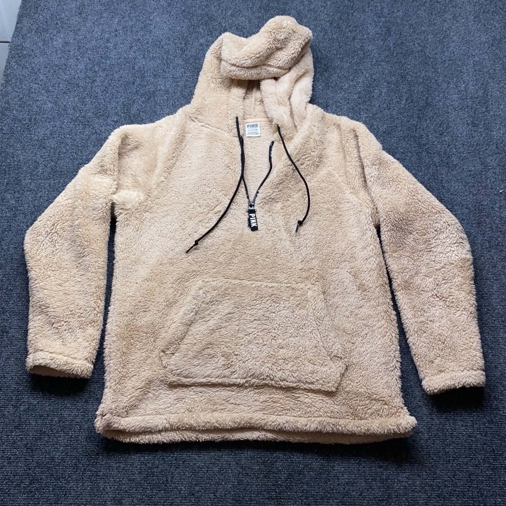 PINK Victoria's Secret Women Sweatshirt S Beige Sherpa 1/4 Zip Mock Neck Pocket